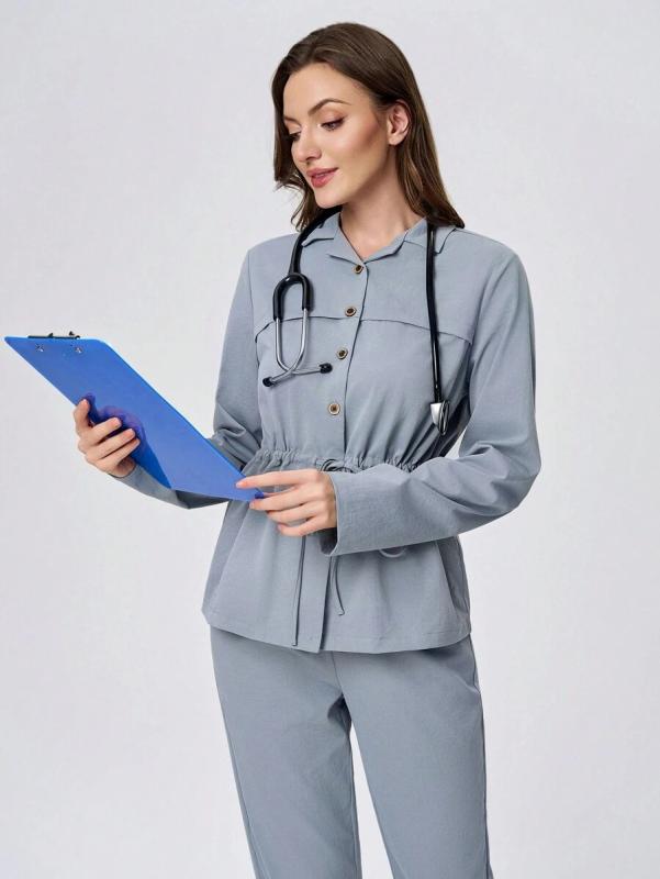 ・適用シーン: 医療用ユニフォーム・性別: 女性用・カテゴリ: 服装・機能: 吸湿速乾・丈: フルレングスパンツ・主な素材: ポリエステル95%以上・カラー: グレー・サイズ展開: XS, S, M, L, XL, XXL・スタイル: エレガント・袖タイプ: レギュラー・袖丈: 長袖・ネックライン: ラウンドネック・着丈: 普通丈