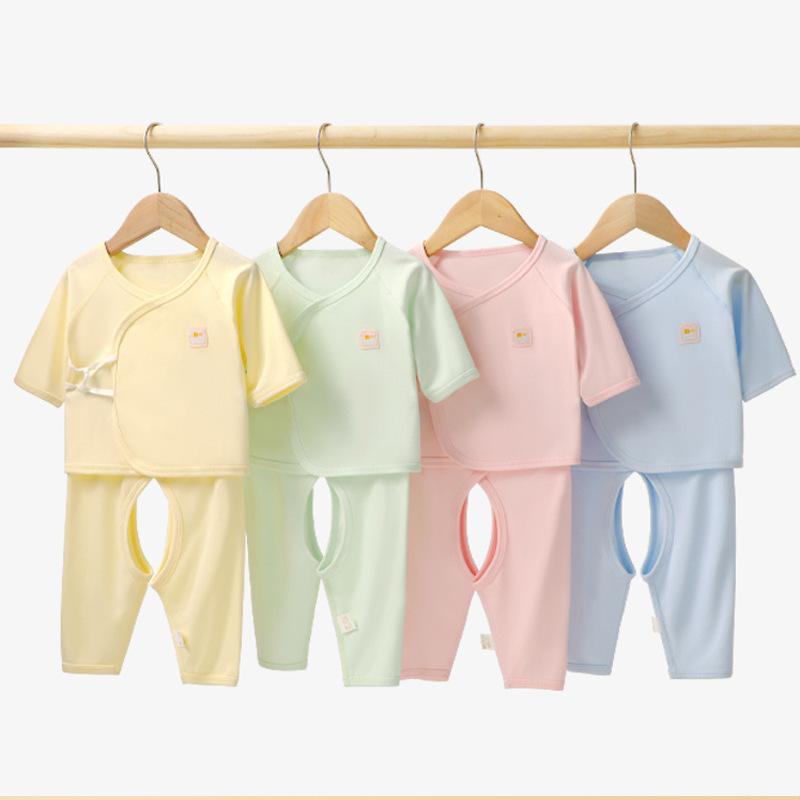 Occidental Goods - ベビー 新生児 肌着 インナー 春秋 綿 長袖 長ズボン セパレート 2点セット 早産児 低月齢 赤ちゃん 男女兼用 斜め打ち合わせ 紐タイプ 柔らか 肌に優しい 無地 ホワイト イエロー グリーン ブルー ピンク
