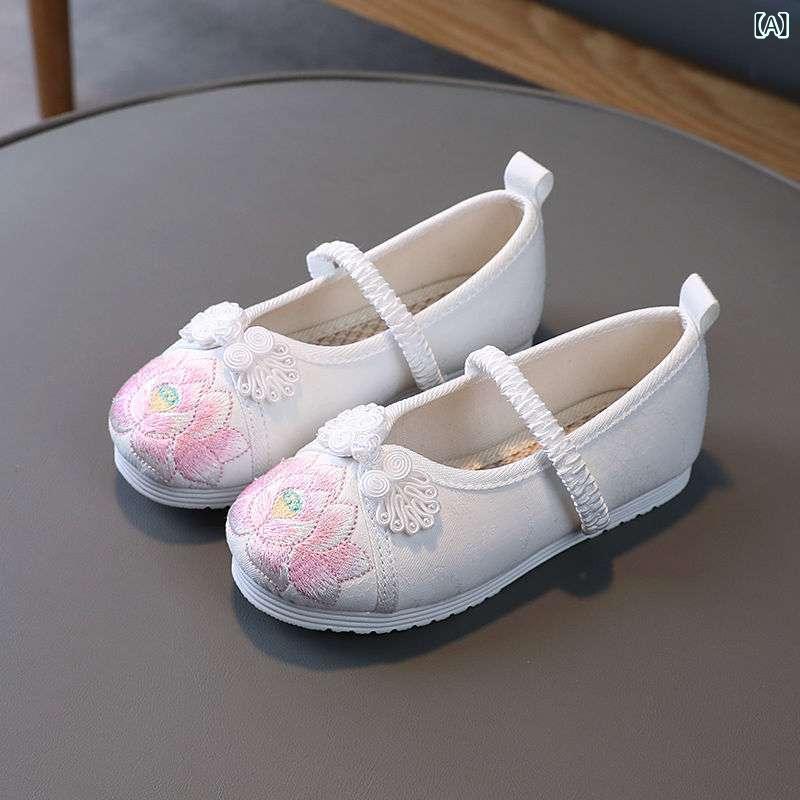 サンダル キッズ 女の子 メッシュシューズ 漢服シューズ 刺繍 レースアップ チャイナドレス風 中華風 ローヒール フラット 履きやすい 軽量 歩きやすい 通気性 滑り止め かわいい