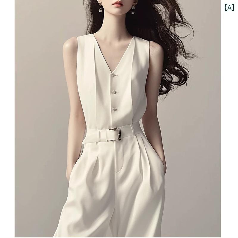 オールインワン レディース ノースリーブ ロングパンツ サロペット ハイウエスト 接触冷感 ゆったり 美脚 脚長 無地 カジュアル きれいめ 大人 上品 普段着 フォーマル 通勤 オフィス 春夏 ホワイト