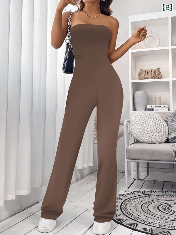 あじゅりのサロペット レディース オールインワン チューブトップ ベアトップ ロングパンツ 無地 セクシー ノースリーブ バックレス 微フレア 伸縮性 カジュアル 部屋着 ブラック ブラウン グレー｜アングル2