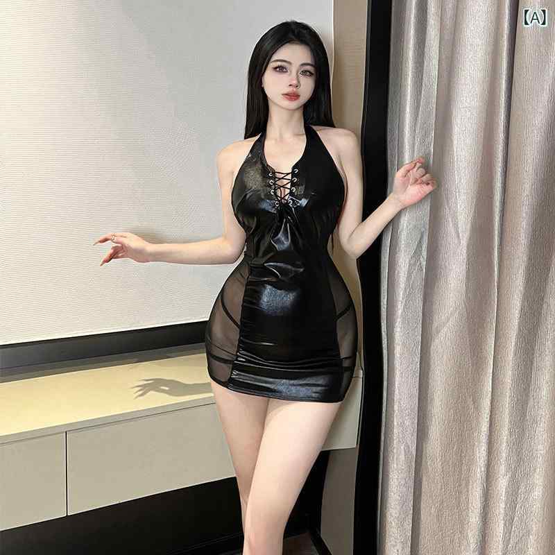 ワンピース レディース ベビードール ルームウェア キャミソール セクシー ランジェリー タイト ミニ Vネック ホルターネック タイトワンピース PUレザー 透け感 通気性 オールシーズン 部屋着 ブラック フリーサイズ