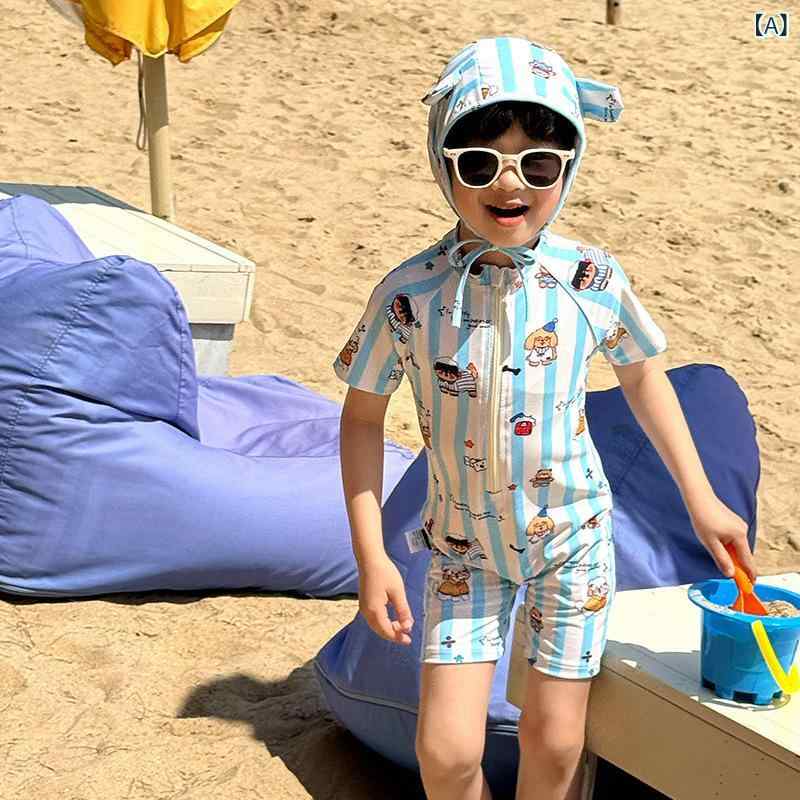 水着 キッズ 男の子 連体 長袖 日除け 速乾 かわいい 帽子付き ベビー スイムウェア ブルー ストライプ