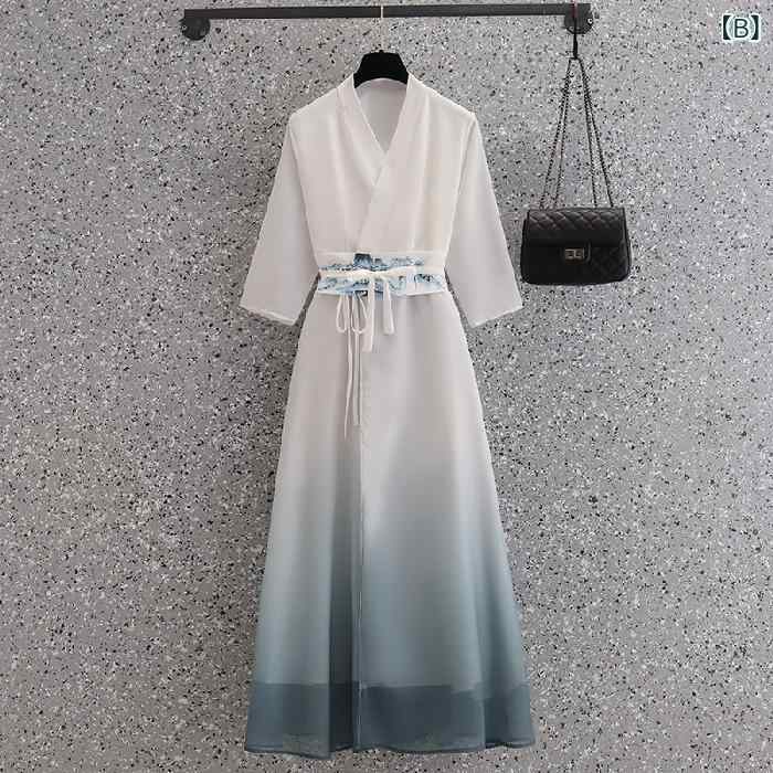 あじゅりのワンピース レディース チャイナドレス風 水墨画風 グラデーションプリント カシュクール リボン レトロ アジアン エスニック 大きいサイズ ゆったり 民族舞踊 ダンス衣装 茶服｜アングル2
