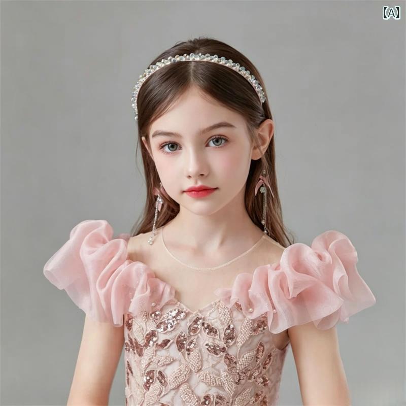 カチューシャ キッズ 女の子 ヘアアクセサリー 水晶風 ビーズ フリンジ リボン 髪飾り 発表会 誕生日 結婚式 ドレス用 フォーマル キラキラ かわいい ピンク