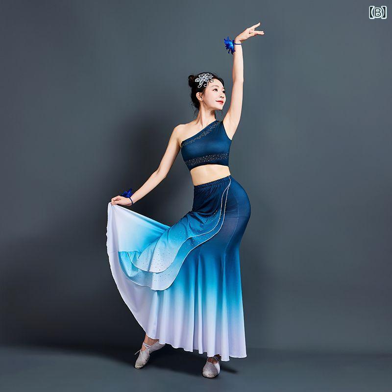 あじゅりのダンス衣装 レディース タイ族 民族衣装 ロングスカート マーメイドスカート 練習着 レッスン着 発表会 ステージ衣装 社交ダンス 華やか ラインストーン グラデーション エキゾチック 美シルエット｜アングル2