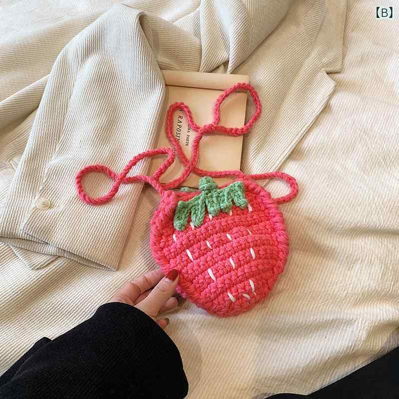 ショルダーバッグ キッズ 女の子 ミニバッグ ポシェット 手編み ニット イチゴモチーフ 斜めがけ 軽量 かわいい 通園 通学 お出かけの商品画像 3