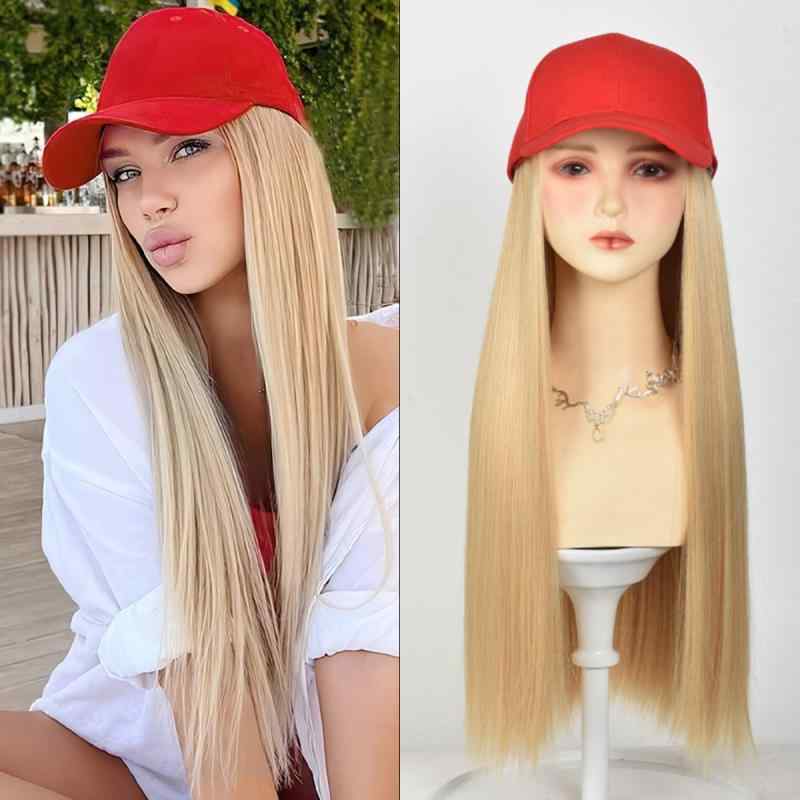 ウィッグレディース付き帽子ロングストレート赤キャップ野球帽一体型自然おしゃれかつら全頭タイプ