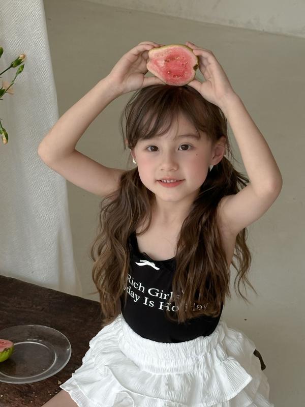 Tシャツ キッズ 女の子 半袖 ノースリーブ 吊り下げ キャミソール リボン 英字 プリント スクエアネック コットン トップス カジュアル