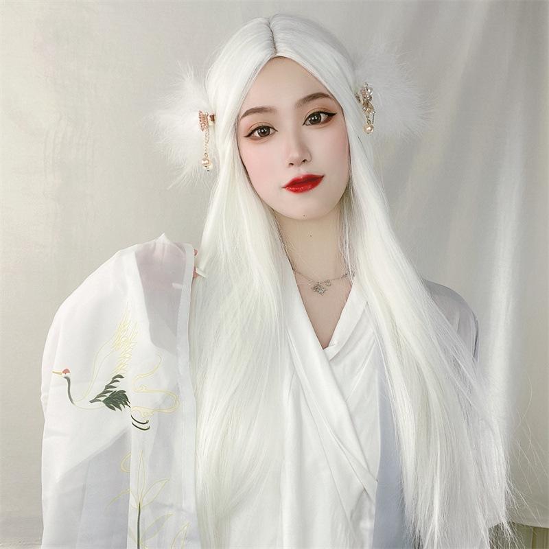 ・カテゴリ: コスプレウィッグ・対象: 男女兼用・ウィッグの長さ: ロングヘア・ヘアスタイル: センター分けロングストレート・髪質素材: 耐熱ファイバー・対応肌色: すべての肌色・対応顔型: すべての顔型・カラー展開: ピュアホワイト、ブラック、アッシュグレー