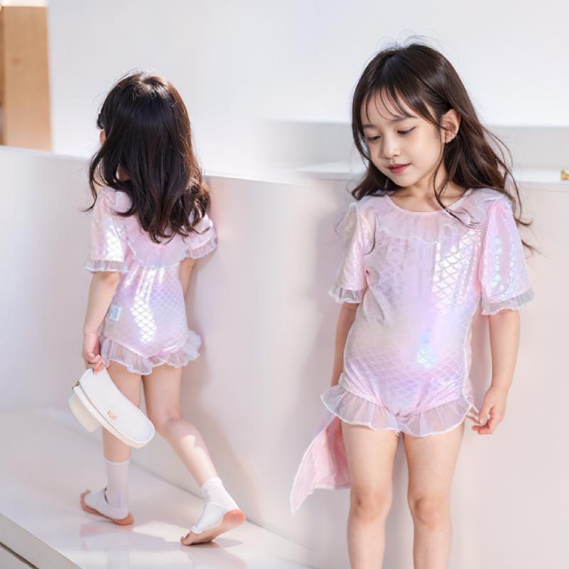 水着 女の子 キッズ ベビー ワンピ風 一体型 マーメイド かわいい プリンセス フリル リボン 伸縮性 速乾 ピンク ブルー
