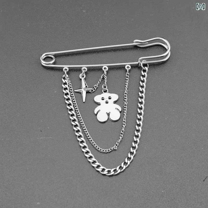 ブローチ レディース アクセサリー ピンバッジ 安全ピン型 星 チェーン ベアモチーフ かわいい 電気メッキ加工 金具 小物 キラキラ キュート 普段使いの商品画像 2