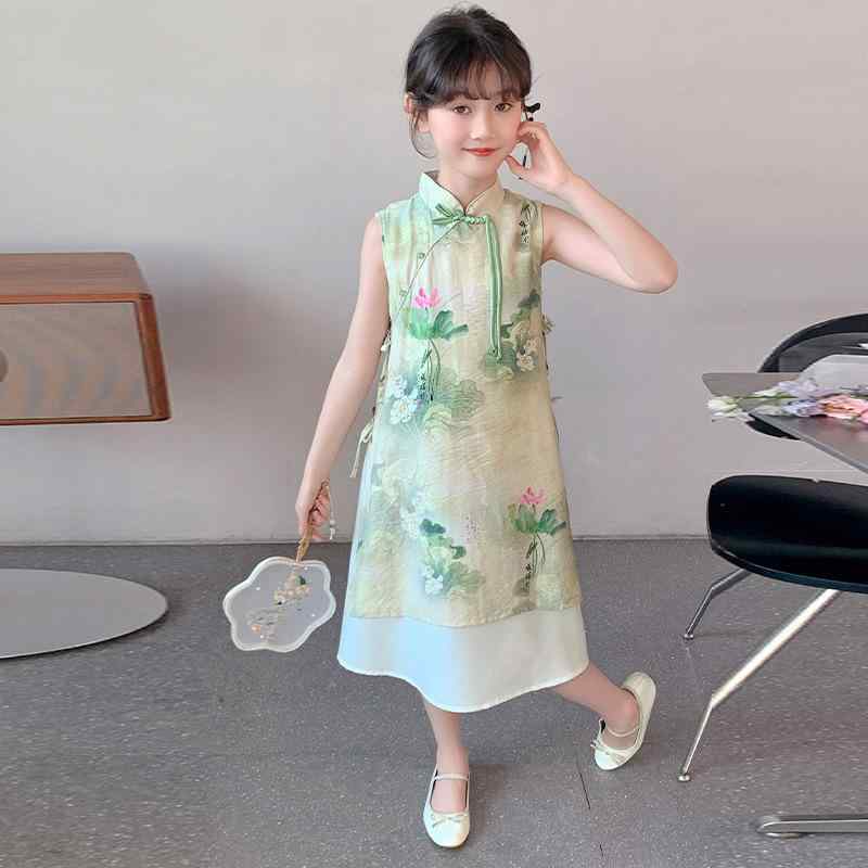 ワンピース キッズ 女の子 チャイナドレス 中華風 半袖 薄手 涼しい ひざ丈 花柄 プリント エスニック アジアン カジュアル おしゃれ かわいい 夏