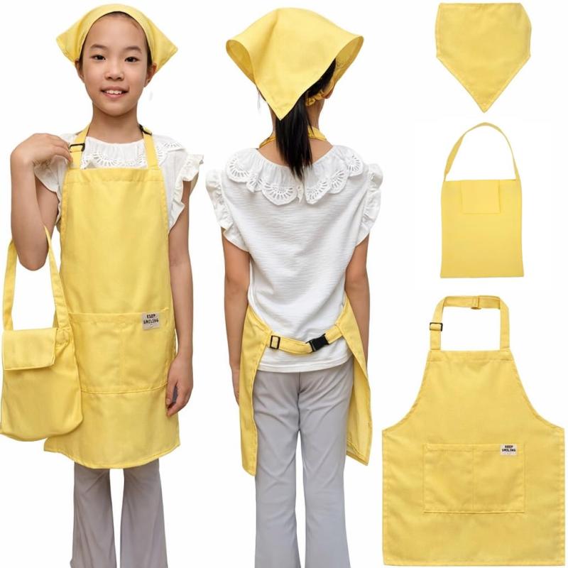 [] 子供用エプロン 三角巾付き 3点セット 撥水 S/M/L サイズ調整 無地/柄 給食 調理実習