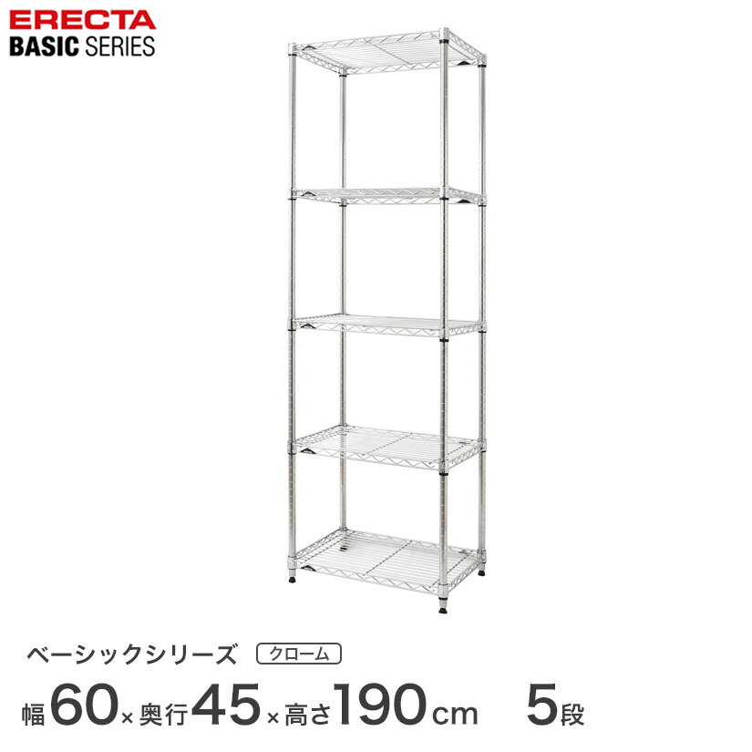 予約販売(5月中旬出荷予定)スチールラック エレクター ERECTA ラック ベーシックシリーズ フリーラック 棚 収納棚 業務用 プロ仕様 収納 アルミラック カラーラック クローム 幅60×奥行45×高さ190cm 5段 RBR2418745C