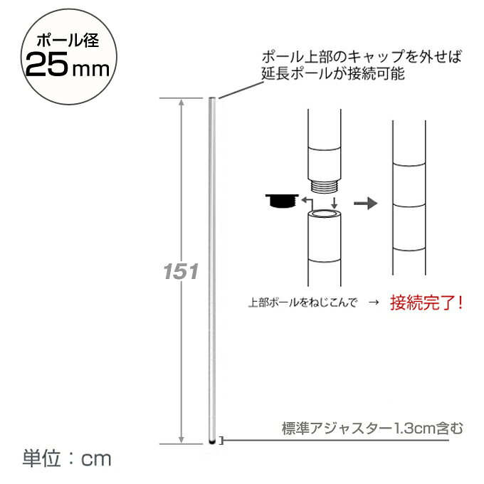 フロアーズの★ポイント5倍★ 棚 ラック スチールラック パーツ 頑丈 ルミナス 収納棚 メタル ラック シェルフ ポール [基本ポール／ 4本set] [25mm] ポール (高さ151cm) 25P150-4｜アングル2