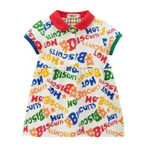 ※ホットビスケッツ（HOTBISCUITS）mikihouseロゴいっぱい柄♪半袖ワンピース（80cm、90cm、100cm、110cm、120cm）