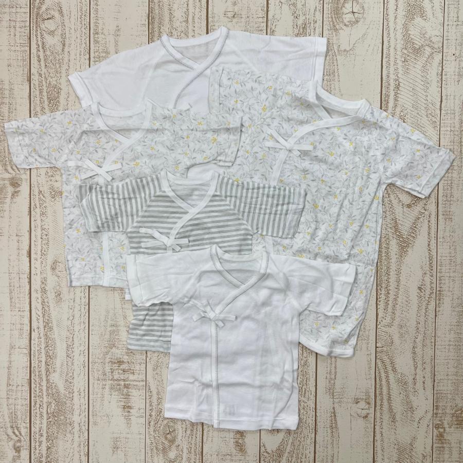 ベビー肌着 日本製 新生児肌着5枚セット 短肌着3枚＋コンビ肌着2枚 50〜60cm (白無地・ボーダー柄・花柄/グレー) ベビー 新生児 赤ちゃん 出産準備 2