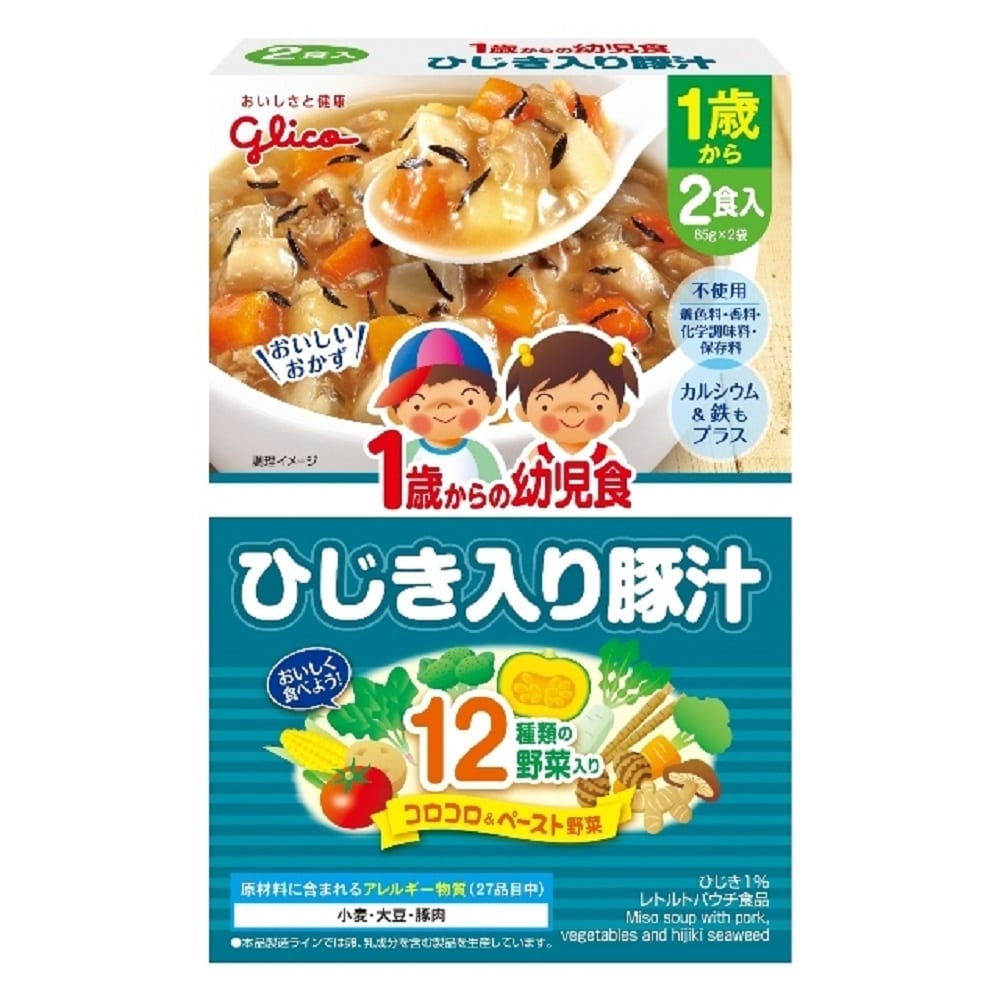 送料・発送先 注意事項 ※紙おむつ・飲料・その他のケース販売品・単品配送・送料無料ライン対象外商品の購入は、金額に関わらず1梱包につき送料680円ご負担いただきます。 ※北海道・沖縄への発送はご対応致しておりません。 ※ご注文いただきました食品は、数量そろい次第、在庫より順次発送に充てさせていただきます。 製造年月日・賞味期限等の表示に関する事前のお知らせや、ご希望には添いかねますことをご了承ください。 「1歳からの幼児食」は、奥歯が生えはじめた幼児の 噛む練習に配慮した具の大きさや形・固さに、 また幼児の味覚形成に配慮したうす味にしています。●便利な2食入り ●パッケージ裏面でアレンジレシピを紹介 ●内容量：2食入 170g（85g×2袋） 10種類の野菜を食べやすい大きさ・形・固さにして使用しています。 うす味で素材の風味や色・香りを生かしています。 着色料、保存料、香料、化学調味料は使用していません。 カルシウム、鉄入り。 具として入っている野菜：にんじん・じゃがいも・さといも・だいこん・ごぼう・しいたけ つゆの中にとけこんでいる野菜：かぼちゃ・しょうが・ほうれん草・ブロッコリー 原材料名：野菜（にんじん、じゃがいも、さといも、だいこん、ごぼう、しいたけ）、豚肉、砂糖、みそ、ひじき、かぼちゃペースト、ポークエキス、かつおエキス、食塩、しょうがペースト、こんぶエキス、ほうれん草ペースト、ブロッコリーペースト／増粘剤（加工デンプン）、グルコン酸Ca、ピロリン酸鉄、（一部に小麦・大豆・豚肉を含む） 原材料に含まれるアレルギー物質（27品目中）：小麦・大豆・豚肉 ※本品製造ラインでは卵、乳成分を含む製品を生産しています。