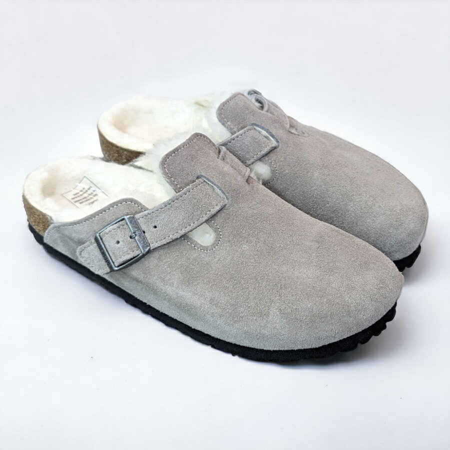 BIRKENSTOCK[ビルケンシュトック]/BOSTON SHEARLING[ボストン シアリング]/STONE COIN[ストーンコイン]/1017651 ナロー幅 幅狭 ライトグレー クロッグ カジュアル 靴 レザー 本革 スエード ムートン レディース