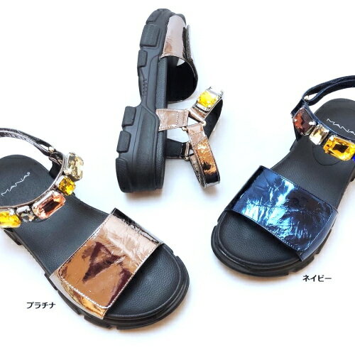 MANA マナ/512127 サンダル ベルクロ ビジュー ストーン レザー 本革 靴 レディースのサムネイル