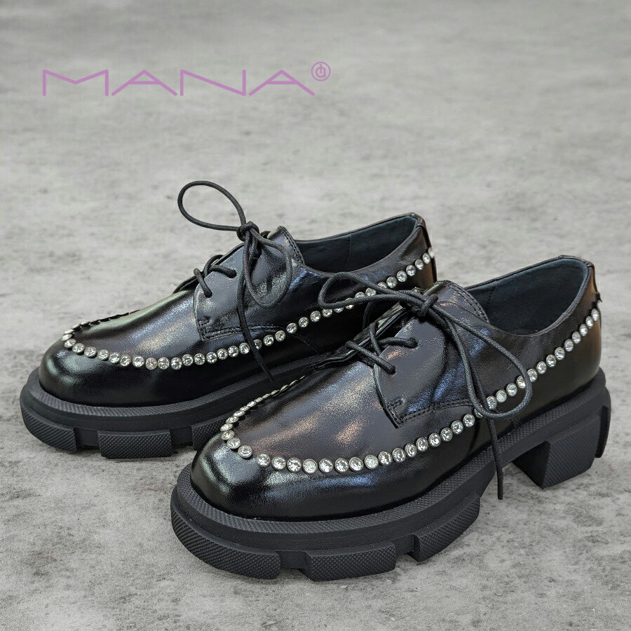 【2024.8月再入荷】MANA マナ/531158 レースアップシューズ ブラック ビジュー ストーン 厚底 レザー 本革 靴 レディースのサムネイル