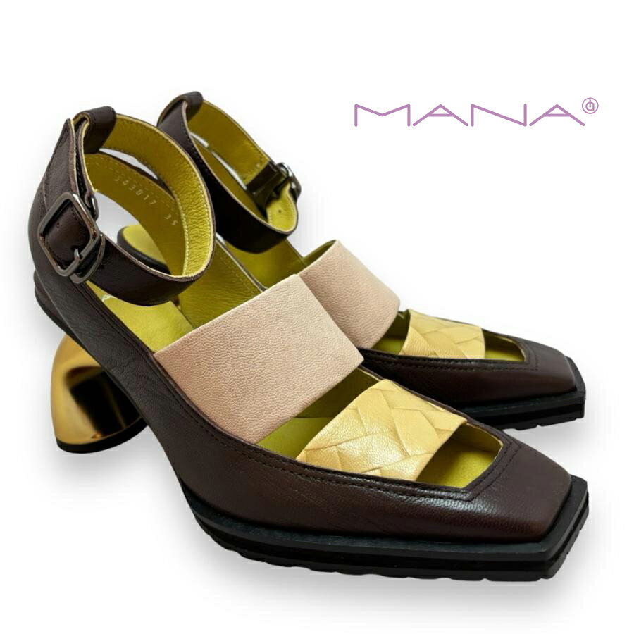 MANA[マナ]/543017 パンプス アンクルベルト メタルヒール ストラップ スクエアトゥ ダークブラウンコンビ 靴 本革 レザー レディースのサムネイル