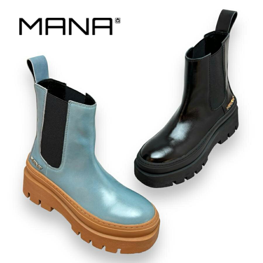 MANA[マナ]/547084 ショートブーツ サイドゴア チャンキーソール 厚底 ボリュームソール ブルー 水色 ブラック 黒 靴 本革 レザー レディースのサムネイル