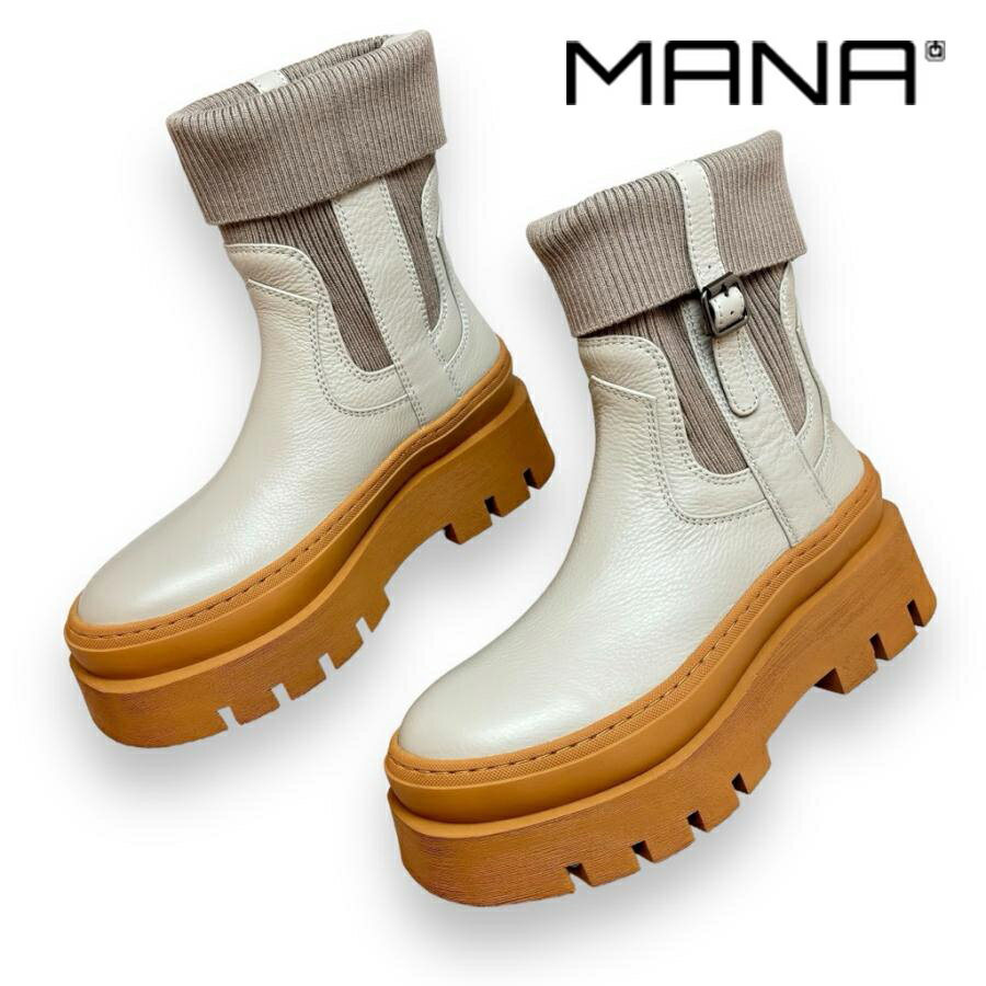 MANA[マナ]/547085 ショートブーツ ニット チャンキーソール 厚底 ボリュームソール トープ ベージュ 靴 本革 レザー レディースのサムネイル