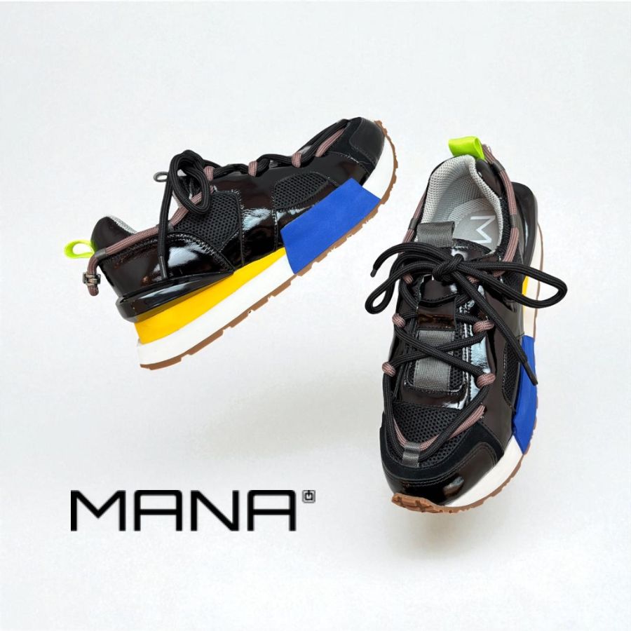 MANA マナ/556091 カラー シューレース スニーカー レースアップ 厚底 ブラック レザー 本革 靴 レディースのサムネイル