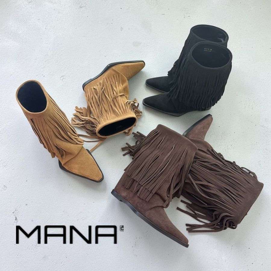 2026 秋冬新作 MANA マナ 567018 フリンジ ウエスタン ブーツ インヒール スエード...