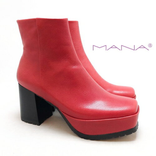 MANA マナ/517048 ショートブーツ スクエアトゥ ボリュームソール 厚底 あかい靴別注カラー レッド 赤 レザー 本革 靴 レディース
