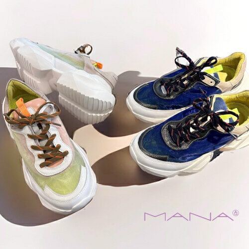 [2023.2月再入荷]MANA マナ/526067 スニーカー シアースニーカー レースアップ メッシュ シースルー ゴムひも 厚底 レザー 本革 靴 レディースのサムネイル