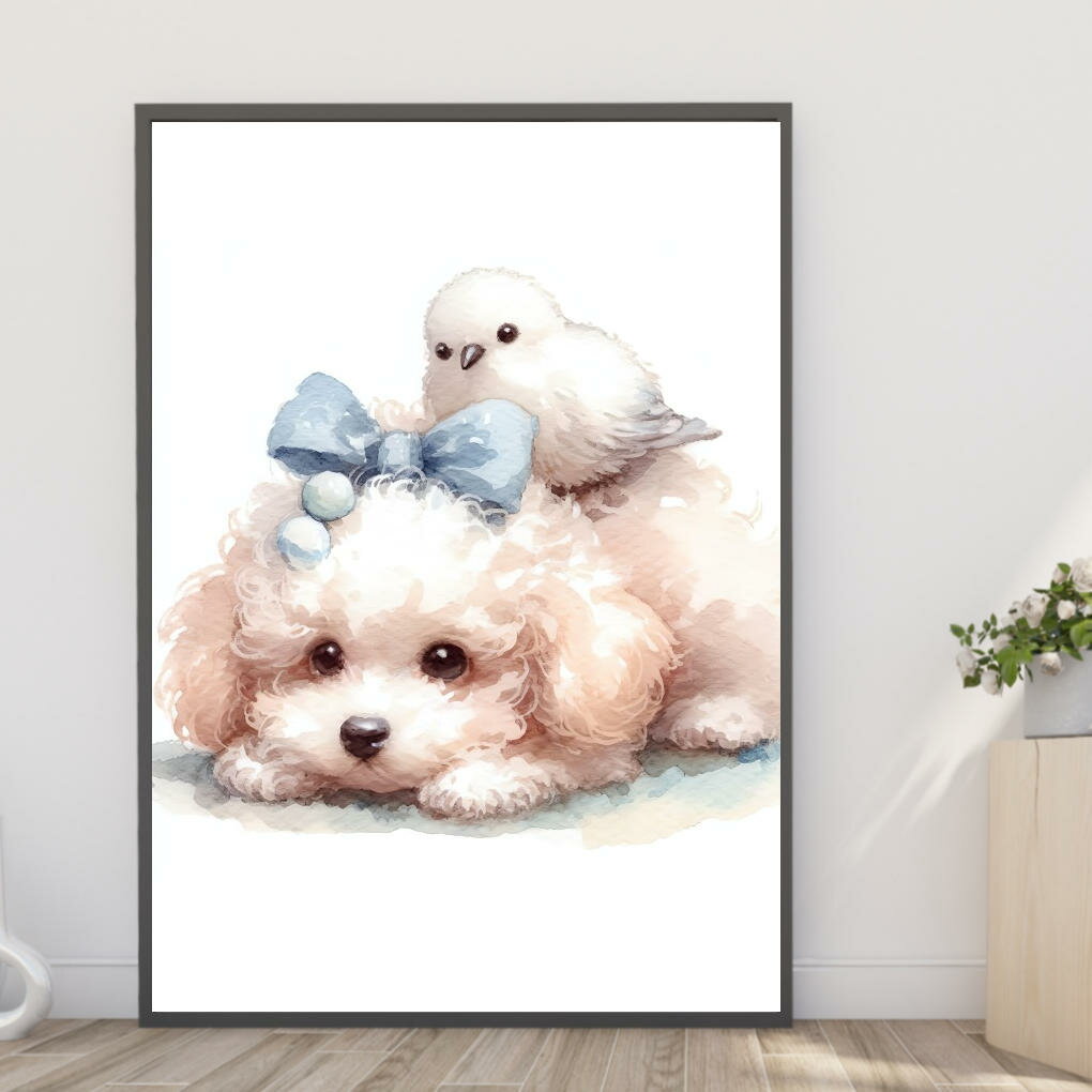 【送料無料】A4・A3ポスター【青いリボンのトイプードルとシマエナガ02】イヌ　いぬ 犬 dog ペット か..