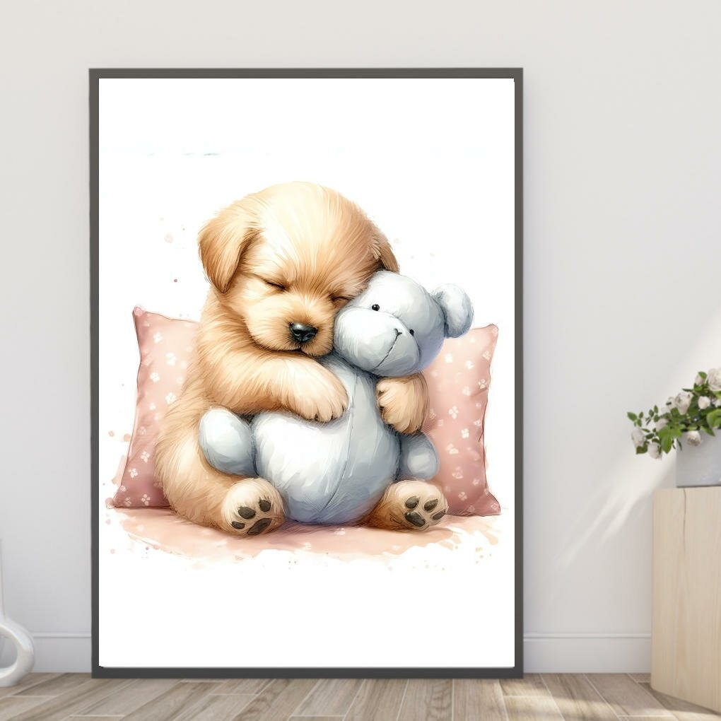 【送料無料】A4・A3ポスター【ぬいぐるみを抱く犬】イヌ いぬ dog ペット かわいい 子犬 インテリア ア..