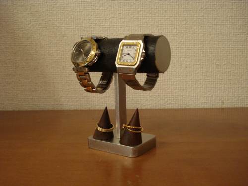 時計スタンド　送料無料ブラック2本掛けダブルリングスタンド付き腕時計スタンド
