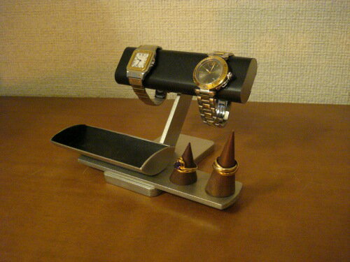 父の日 ブラック腕時計、リング、小物入れ付きアクセサリースタンド リングスタンド固定、トレイ端蓋あり