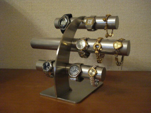 誕生日プレゼント　カスタマイズ　オーダーメイド　世界でたった一つ　刻印　ラッピング　名入れ　腕時計スタンド　腕時計スタンド かわいい　ウオッチスタンド　上段、中段は男性用、最下段は女性用14本掛け反り返るデザインステンレス腕時計スタンド　RAK4977