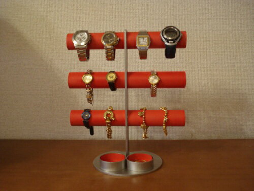 腕時計スタンド　レッド12本掛けダブル丸トレイ腕時計スタンド　RAK5100