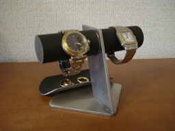 誕生日プレゼントに　2本掛けブラックトレイ付きななめ支柱腕時計スタンド　バックトレイバージョン