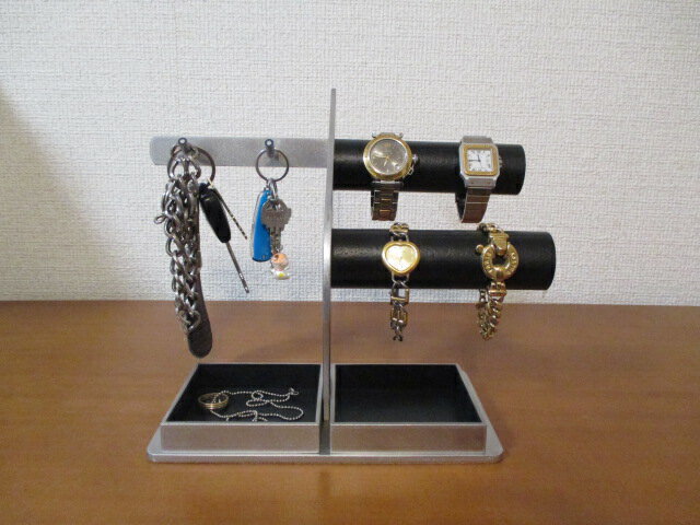 腕時計スタンド　キースタンド　丸パイプ腕時計4本掛けダブルでかいトレイ付き　ブラックコルクバージョン 2