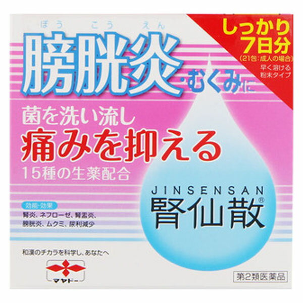 商品区分：第二類医薬品 【腎仙散の商品詳細】 ●腎仙散は、利尿作用のほか、抗炎症作用を有する生薬を配合しており、腎臓の老廃物排泄を促進するとともに、排泄障害や炎症性の疾患にも効果を発揮します。 ●服用しやすい散剤で、携帯に便利なアルミ分包包装です。 【効能 効果】 ・腎炎・ネフローゼ・腎盂炎・膀胱炎・ムクミ・尿利減少 【用法 用量】 ・次の量を食間に、水又はお湯と一緒に服用してください。 (年齢・・・1回量：1日服用回数) 成人・・・1包：3回 8歳〜15歳・・・1／2包：3回 4歳〜7歳・・・1／3：3回 3歳以下・・・服用しないこと ★用法・用量に関連する注意 ・用法・用量を厳守してください。 ・小児に服用させる場合には、保護者の指導監督のもとに服用させてください。 【成分】 1包1.5g、20包中に次の生薬より製したエキス25.0g含有しています。 タクシャ・・・6.0g チョレイ・・・6.0g ブクリョウ・・・8.0g ソウジュツ・・・7.0g ケイヒ・・・6.0g インチンコウ・・・5.0g サンシシ・・・5.0g シャクヤク・・・7.0g ジオウ・・・6.0g ボウイ・・・6.0g ニワトコ・・・8.0g キササゲ・・・8.0g ウワウルシ・・・10.0g シャゼンシ・・・6.0g ボウコン・・・6.0g 添加物としてカルメロースCa、メタケイ酸アルミン酸Mgを含有します。 【注意事項】 ★使用上の注意 ＜相談すること＞ 1.次の人は服用前に医師又は薬剤師に相談してください。 (1)医師の治療を受けている人 (2)妊婦又は妊娠していると思われる人 (3)胃腸の弱い人 (4)本人又は家族がアレルギー体質の人 (5)薬によりアレルギー症状を起こしたことがある人 (6)次の症状のある人 食欲不振、悪心・嘔吐 2.次の場合は、直ちに服用を中止し、この文書を持って医師又は薬剤師に相談してください。 (1)服用後、次の症状があらわれた場合 (関係部位・・・症状) 皮ふ・・・発疹・発赤、かゆみ 消化器・・・食欲不振、胃部不快感、悪心・嘔吐 (2)1ヵ月位服用しても症状がよくならない場合 3.次の症状があらわれることがあるので、このような症状の継続又は増強が見られた場合には、服用を中止し、医師又は薬剤師に相談してください。 下痢 ★保管及び取扱い上の注意 ・直射日光の当たらない湿気の少ない涼しい所に保管してください。 ・小児の手の届かない所に保管してください。 ・他の容器に入れ替えないでください。 ・1包を分割した残りを服用する場合には、袋の口を折り返して保管し、2日以内に服用してください。 ・使用期限を過ぎた製品は服用しないでください。 ★その他 ・本剤は生薬を用いた製品ですから、製品により色調が多少異なることがありますが、効果にはかわりありません。 ・本剤のような生薬エキス散剤の分包品は、製法上外観が平たくなり、生薬エキス散剤の特性から触感的に固まっていないことが確認できます。 ・本剤を水又はぬるま湯で服用する際、本剤が口中の水分により口の中で固まったように感じることがありますが、生薬エキス散剤の特有の性質であり、効果にはかわりありませんのでそのまま服用してください。 ・オブラート等に包んで頂くと服用しやすくなります。 【医薬品販売について】 1.医薬品については、ギフトのご注文はお受けできません。 2.医薬品の同一商品のご注文は、数量制限をさせていただいております。ご注文いただいた数量が、当社規定の制限を越えた場合には、薬剤師、登録販売者からご使用状況確認の連絡をさせていただきます。予めご了承ください。 3.効能・効果、成分内容等をご確認いただくようお願いします。 4.ご使用にあたっては、用法・用量を必ず、ご確認ください。 5.医薬品のご使用については、商品の箱に記載または箱の中に添付されている「使用上の注意」を必ずお読みください。 6.アレルギー体質の方、妊娠中の方等は、かかりつけの医師にご相談の上、ご購入ください。 7.医薬品の使用等に関するお問い合わせは、当社薬剤師がお受けいたします。 TEL：050-5306-1825 email：rakuten@soukai.com 【原産国】 日本 【発売元、製造元、輸入元又は販売元】 摩耶堂製薬 リニューアルに伴い、パッケージ・内容等予告なく変更する場合がございます。予めご了承ください。 (じんせんさん ジンセンサン) 摩耶堂製薬 651-2145 兵庫県神戸市西区玉津町居住65-1 078-929-0120