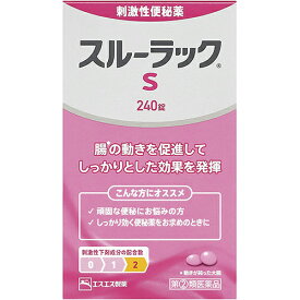 【指定第2類医薬品】《商品詳細》●便秘とは、不規則な食事やストレスなどが原因となって、自然なお通じのために必要な、腸の動きが鈍っている状態のことをいいます。便秘が続くと、お腹がはったり、食欲がなくなったり、また、肌あれの原因となることもあります。●スルーラックSは、ビサコジルとセンノサイドカルシウムの2種類の成分が、鈍った腸の動きをたすけ、溜まった便をスムーズに排出する便秘薬です。便秘の状態にあわせて、1〜3錠の範囲内で、自分で服用量を調節できます。●有効成分が胃で溶けずに腸でしっかり効くよう、錠剤にコーティングを施してあります。便秘がちの方へのアドバイス●規則的な排便の習慣をつける事が大切です。毎日時間をきめて一定時間トイレに入るよう心がけましょう。●早朝、起きがけに冷たい水または牛乳を飲むようにしましょう。●便秘で、座りづめの仕事の方などは、時間をきめて積極的に全身運動、腹部のマッサージ、散歩などを毎日行なって腸管の正しいぜん動をおこす刺激を与えるよう努力しましょう。●直腸における排便反射を刺激するために繊維質の多い食物（野菜類、豆類、芋類、海草、果物など）をとるようにしましょう。指定第2類医薬品取扱いしております指定第2類医薬品について使用上の注意（禁忌）を必ずご確認下さい。薬剤師または登録販売者にご相談ください。成分・分量・用法成分・分量1錠中ビサコジル・・・5mg（大腸粘膜に作用し、腸管のぜん動運動をたかめ、排便をうながします。）センノサイドカルシウム・・・13．33mg（センノシドA・Bとして5．27mg）（生薬センナの有効成分で、大腸内の腸内細菌により代謝され、緩下作用をあらわします。）添加物：カルメロースCa、セルロース、乳糖、白糖、ヒプロメロース、ヒプロメロースフタル酸エステル、ポビドン、マクロゴール、アラビアゴム、カオリン、炭酸Ca、カルナウバロウ、グリセリン脂肪酸エステル、ステアリン酸Mg、セラック、タルク、酸化チタン、バレイショデンプン、赤色2号、赤色3号【成分・分量に関する注意】●本剤の服用により、尿が橙色又は赤色をおびることがあります。用法及び用量次の1回量を1日1回、就寝前（または空腹時）に水又はぬるま湯で服用してください。ただし、初回は最小量を用い、便通の具合や状態をみながら少しずつ増量または減量してください。●成人（15才以上）・・・1回量1〜3錠●15才未満・・・服用しないこと●空腹時の目安：食後なるべく2時間以上【用法・用量に関する注意】（1）用法・用量を厳守してください。（2）本剤は腸溶錠ですので、かんだり、つぶしたりせずに、そのまま服用してください。また、制酸剤又は牛乳と同時に服用しないでください。（3）錠剤の取り出し方・・・錠剤の入っているPTPシートの凸部を指先で強く押して裏面のアルミ箔を破り、取り出してお飲みください。（誤ってそのまま飲み込んだりすると食道粘膜に突き刺さるなど思わぬ事故につながります。）剤型・形状腸溶錠効能効能・効果●便秘●便秘にともなう次の症状の緩和：頭重、のぼせ、食欲不振（食欲減退）、肌あれ、吹出物、腹部膨満、腸内異常発酵、痔使用上の注意使用上の注意点1．本剤を服用している間は、次の医薬品を服用しないでください他の瀉下薬（下剤）2．授乳中の人は本剤を服用しないか、本剤を服用する場合は授乳を避けてください3．大量に服用しないでください使用上の相談点1．次の人は服用前に医師、薬剤師又は登録販売者に相談してください（1）医師の治療を受けている人。（2）妊婦又は妊娠していると思われる人。（3）薬などによりアレルギー症状を起こしたことがある人。（4）次の症状のある人。はげしい腹痛、吐き気・嘔吐2．服用後、次の症状があらわれた場合は副作用の可能性があるので、直ちに服用を中止し、この説明書を持って医師、薬剤師又は登録販売者に相談してください関係部位：症状皮膚：発疹・発赤、かゆみ消化器：はげしい腹痛、吐き気・嘔吐3．服用後、次の症状があらわれることがあるので、このような症状の持続又は増強が見られた場合には、服用を中止し、この説明書を持って医師、薬剤師又は登録販売者に相談してください下痢4．1週間位服用しても症状がよくならない場合は服用を中止し、この説明書を持って医師、薬剤師又は登録販売者に相談してください保管および取扱上の注意点（1）直射日光の当たらない湿気の少ない涼しい所に保管してください。（2）小児の手の届かない所に保管してください。（3）他の容器に入れ替えないでください。（誤用の原因になったり品質が変わることがあります。）（4）使用期限をすぎたものは服用しないでください。その他製品お問い合わせ先エスエス製薬株式会社東京都新宿区西新宿3丁目20−番2号　東京オペラシティタワー商品サイズ高さ108mm×幅63mm×奥行き33mm広告文責：株式会社アカカベ電話：072-878-1460