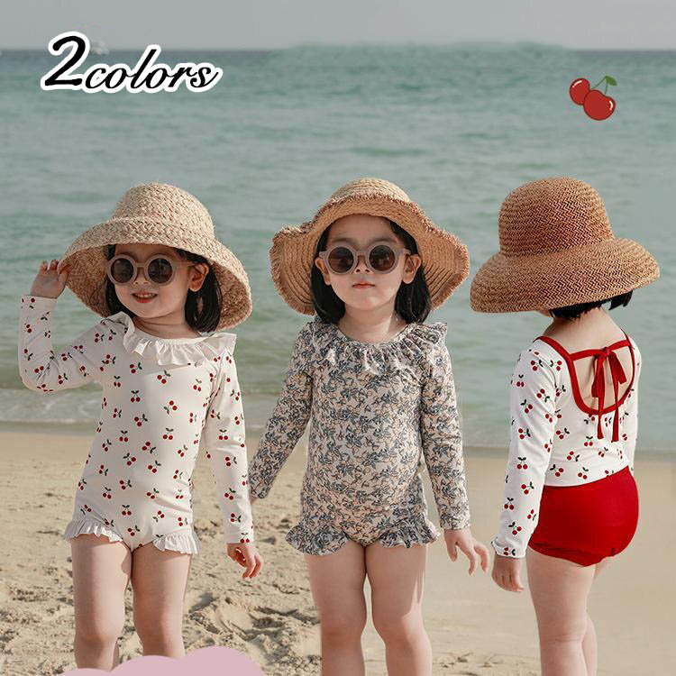 水着 ワンピース水着 ワンピ水着 UV加工 帽子付き 花柄 フリル リボン キッズ こども 女の子 プール 海 水泳 シンプル 海水浴 レジャー 保育園 80 90 100 110 120cm