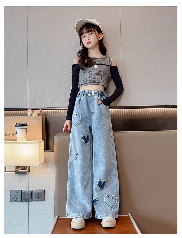デニムパンツ 女の子 キッズ 子供服 秋冬 ロングパンツ ハート柄 ワイドパンツ ガ...