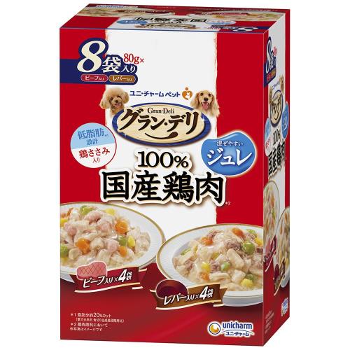 Mature Dog - グラン・デリ グランデリ ドッグフード ウェット 国産鶏ささみ パウチ ジュレ 成犬用 8個パック ビーフ入り・レバー入り 80g 国産 ユニチャーム