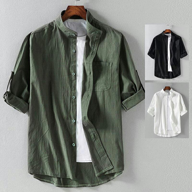 ワイシャツ ミリタリー 2way 七分袖 半袖 春 夏 メンズ 無地 胸ポケット カジュアル 涼しい スタンドカラー 薄地 シンプル バンドカラー