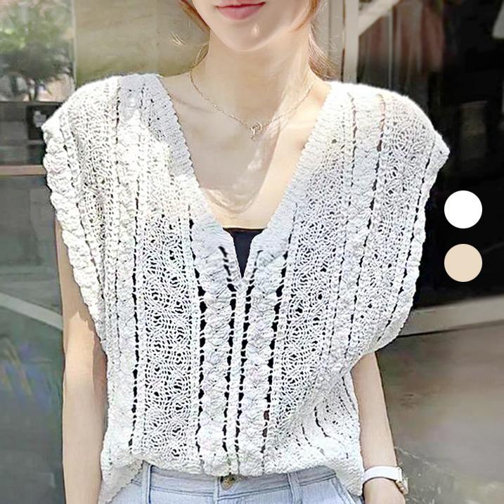 レディース ニットベスト vネック 透け編み レース ブラウス ノースリーブ サマーニット カジュアル 涼しい 春夏のサムネイル