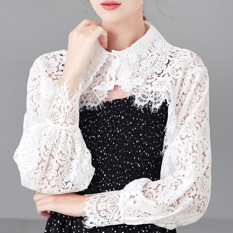 【上品レース】白 ブラウス レディース 長袖 レース襟 フリル シフォン きれいめ ボレロ ショール フェミニン 大人可愛い オフィス カジュアル 春 夏 秋 高見えのサムネイル