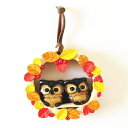 木製 ふくろうリース 秋 小 木彫り フクロウ 葉 紅葉 カラフル 木製品 ハンドメイド 壁掛け プレゼント ギフト 贈り物